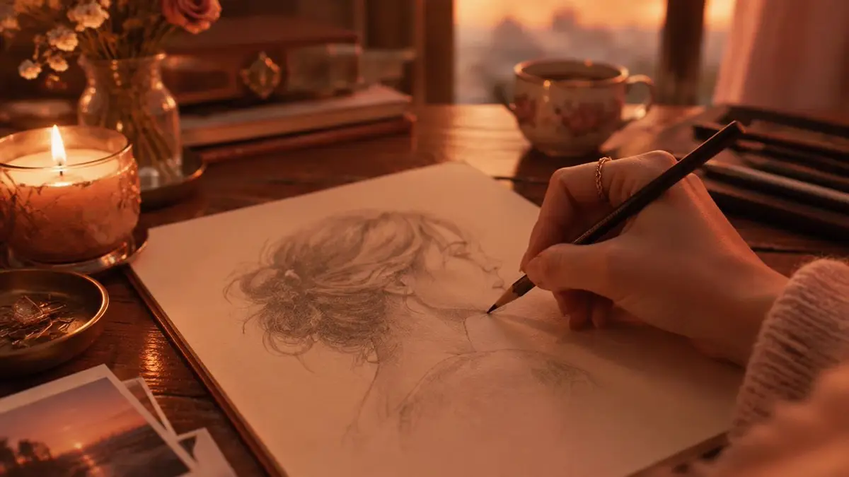 An artist's hand drawing a pencil portrait by candlelight